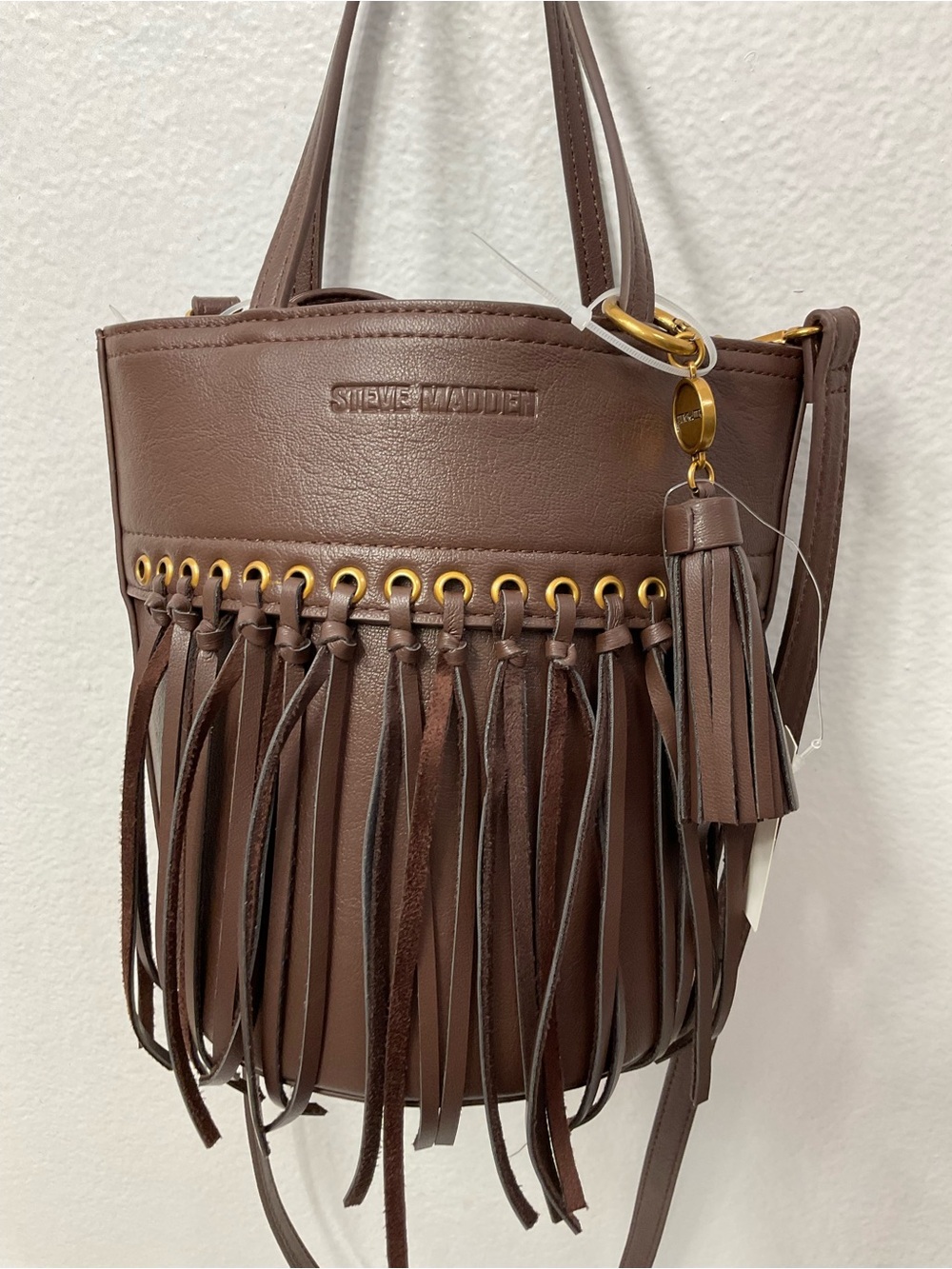 NWT Steve Madden Brown Fringe Bucket Shoulder Bag with Tassel - Picture 7 of 12